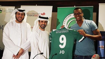 Al Shabab club officials introduce Brazilian striker Jo at a press conference last month. Satish Kumar / The National / July 7, 2015