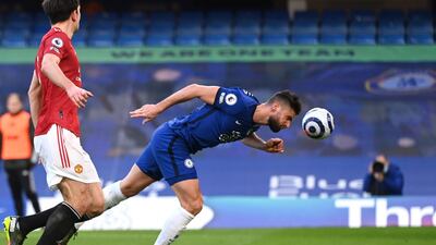 Chelsea's Olivier Giroud just fails to make contact with a header that would have opened the scoring at Stamford Bridge. AP