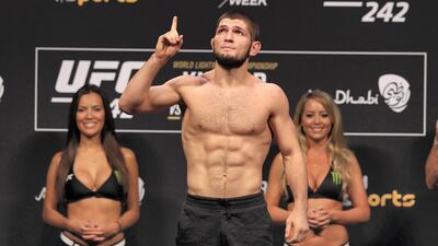 UFC lightweight champion Khabib Nurmagomedov weighs in the day before his fight with Dustin Poirier at UFC 242 in Abu Dhabi. All photos by Chris Whiteoak / The National