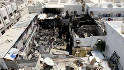 View of the villa which was destroyed in a fire near the California Hotel in Naif area of Deira Dubai. The villa had been housing up to 500 labourers illegally.