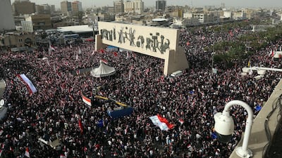 Followers of Iraq's Shiite cleric Muqtada Al Sadr at a protest against the joint US-Israeli strikes on Iran, in Tahrir Square, Baghdad. EPA