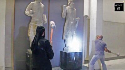 A social media account affliated to ISIL trumpeted the terrorist group’s sledgehammer attack on ancient artefacts in the museum in Mosul, Iraq, to the world last month. Extremists have destroyed shrines, including Muslim holy sites, to eliminate what they claim is heresy. Militants are also believed to have sold artefacts on the black market to finance their military campaign across the region. AP Photo
