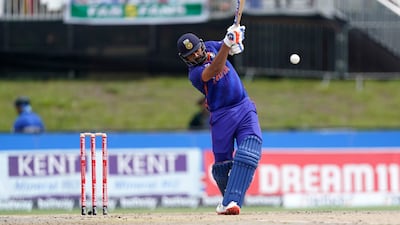 Captain Rohit Sharma hits a six during the fourth T20. AP