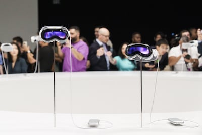 Apple Vision Pro mixed reality headsets during the Apple Worldwide Developers Conference at Apple Park campus in Cupertino, California. Bloomberg