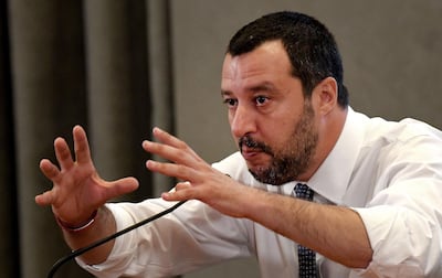 Italy’s Interior Minister and Deputy Prime Minister Matteo Salvini gestures during a press conference in Rome, on June 25, 2018. AFP / TIZIANA FABI