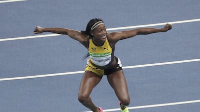 Elaine Thompson of Jamaica celebrates her gold medal in the women’s 100m during the athletics competitions of the 2016 Summer Olympics at the Olympic stadium in Rio de Janeiro, Brazil, Saturday, August 13, 2016. Damir Sagolj / Reuters