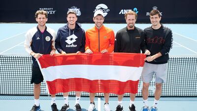 Dominic Thiem, Dennis Novak, Jurgen Melzer, Oliver Marach and Sebastian Ofner of team Austria pose at ATP Cup media day. Getty Images
