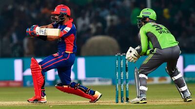 Karachi Kings's Babar Azam plays a shot during the PSL match against Lahore Qalandars at the Gaddafi Cricket Stadium in Lahore. AFP