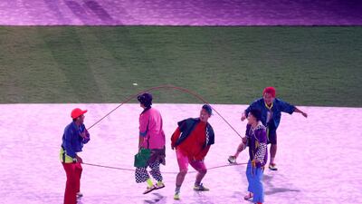 Skippers perform during the closing ceremony of the Tokyo 2020 Olympic Games.