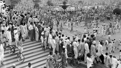 Crowds of revellers gather to celebrate independence from Britain around Rasina Hill in New Delhi. The nation of 1.1 billion people -- marking 70 years since the subcontinent was partitioned on 14 - 15 August 1947 -- proudly sees itself well on the road to economic, political and social greatness. Directorate of Public Relations / Getty / AFP