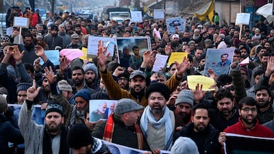 Protesters shout slogans against the United States and Israel in the Kashmiri town of Magam, India. AFP