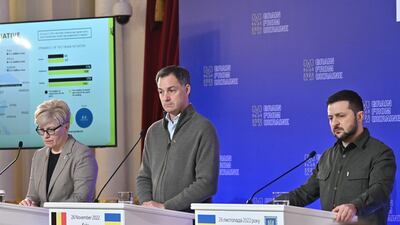 (L-R) Lithuania's Prime Minister Ingrida Simonyte, Belgium's Prime Minister Alexander De Croo and Ukraine's President Volodymr Zelenskyy attend a press briefing after the International Summit on Food Security in Kyiv. AFP.