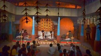 Violinists perform in the Chettiar Chathram, a performance space in Thiruvaiyaru, Tamil Nadu.