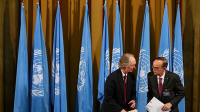 UN special envoy for Syria Geir Pedersen, left, and Hadi Al Bahra, co-chair for the Syrian opposition, talk during a meeting of Syria's Constitutional Committee in Geneva last October. Reuters