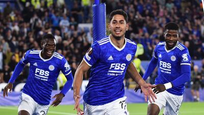 Leicester City's Ayoze Perez celebrates scoring the opening goal in the Europa League match against Napoli in Leicester, England, on Thursday. EPA
