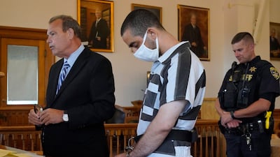 Mr Matar listens to his public defence attorney, Nathaniel Barone, while being arraigned in the Chautauqua County Courthouse in Mayville, New York. AP