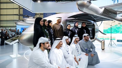 President Sheikh Mohamed inspects the Hili autonomous aircraft with representatives of LODD Autonomous. Photo: UAE Presidential Court