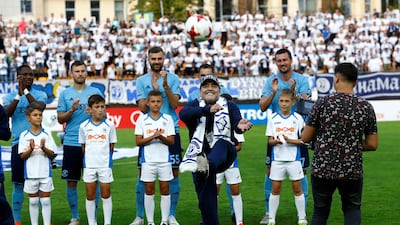 Diego Maradona show's he's still got some skills during his unveiling in front of the Dynamo Brest fans. Reuters