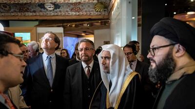 David Harris, Mohammad Abdulkarim Al Issa and a member of the Muslim delegation visit the POLIN Museum of the History of Polish Jews. AFP