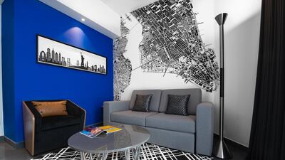 The lounge area of a room at the Tryp by Wyndham Barsha Heights in Dubai. Tryp by Wyndham