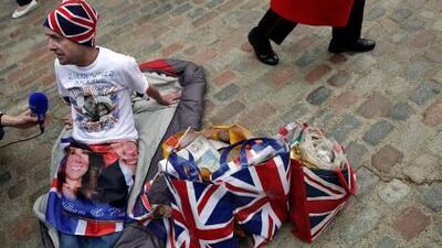 Royal fan John Loughrey talks to foreign media as he becomes the first person to camp out on the streets to wait for the start of the Royal Wedding.