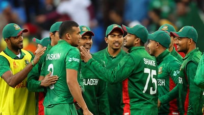 Bangladesh's Taskin Ahmed celebrates the wicket of Netherlands' Colin Ackermann during the T20 World Cup match at Bellerive Oval in Hobart on October 24, 2022. AFP