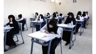 Grade 12 students sit exams at the Al Raya Girls' School for secondary Education in Dubai yesterday.