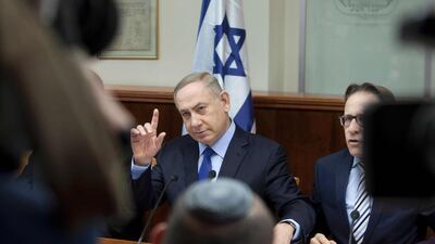Israeli prime minister Benjamin Netanyahu chairs the weekly cabinet meeting in Jerusalem. Dan Balilty / AFP