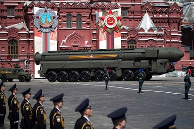 Russian army RS-24 Yars ballistic missile system moves through Red Square during a military parade. Secretary of State Antony Blinken said the US was extending New Start by the maximum allowed time of five years. AFP