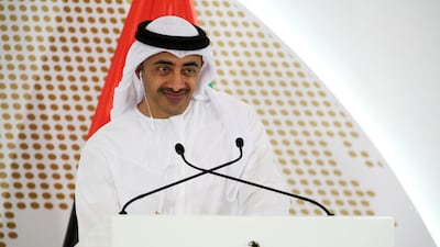Sheikh Abdullah bin Zayed, Minister of Foreign Affairs and International Cooperation, smiles during a news conference at the UAE Foreign Ministry. Jon Gambrell / AP Photo