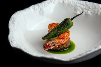 Prawn with kothimbir vadi, fennel and tamarind curry by chef Himanshu Saini at Tresind Studio. Photo: Tresind Studio