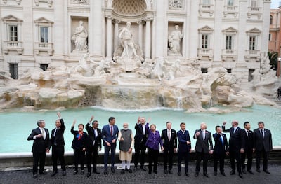 Leaders of the G20 in front of the Trevi Fountain during an event for the G20 summit in Rome, on October 31, 2021. AP