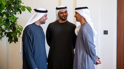 Sheikh Mohammed bin Hamad bin Tahnoon, Adviser to the UAE President, Sheikh Zayed bin Mohamed and Sheikh Hamdan bin Mohamed, Deputy Chairman of the Presidential Court for Special Affairs, speak before a meeting with Milojko Spajic, Prime Minister of Montenegro at Al Shati Palace