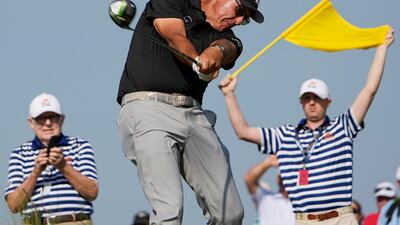 Joint leader Phil Mickelson hits his tee shot on the 15th hole during the second round of the PGA Championship at Kiawah Island. AP