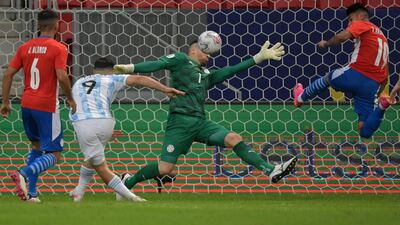 Argentina's Sergio Aguero misses a chance to score against Paraguay during Copa America match at the Mane Garrincha Stadium in Brasilia. AFP