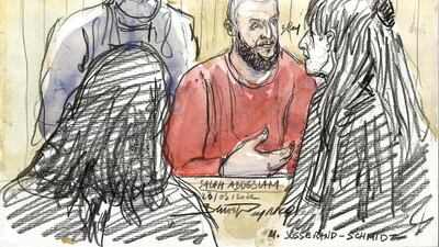 A court sketch depicting Salah Abdeslam (C), the prime suspect in the trial of the November 2015 attacks in which 130 people were killed in various locations across Paris. AFP