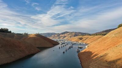 Houseboats anchored in low water levels at Lake Oroville, which is the second largest reservoir in California and according to daily reports of the state's Department of Water Resources is near 35% capacity, near Oroville, California, US. Picture taken with a drone. Reuters