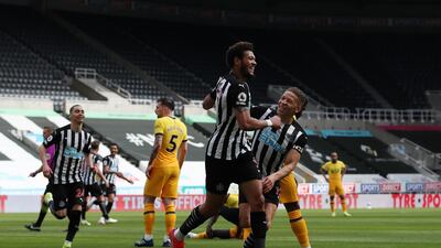 Joelinton celebrates scoring Newcastle''s first goal against Tottenham. PA