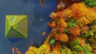 A photo taken from a drone shows the lake pyramid in Fuerst Pueckler Park Bad Muskau near Cottbus, Germany. Patrick Pleul / EPA