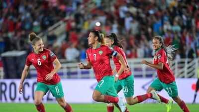 Players of Morocco celebrate a goal against Burkina Faso, during the soccer match of the Women's Africa Cup of Nations between Morocco and Burkina Faso, in Rabat, Morocco, 02 July 2022. EPA / Jalal Morchidi