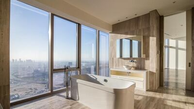 It has panoramic views of Dubai Creek, Downtown Dubai with Burj Khalifa and beyond. The huge living room has sliding doors to the front which open up, allowing fresh air to enter. The whole apartment has floor to ceiling glass windows and marble flooring. It has a built-up area of 9,850 sq ft.