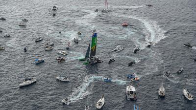 A whole flotilla of support and spectator boats surround Australia after their victory in the SailGP Grand Final race in Marseille on Sunday, September 21. AP
