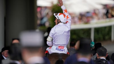 Frankie Dettori celebrates after riding Advertise to win The Commonwealth Cup. Getty Images