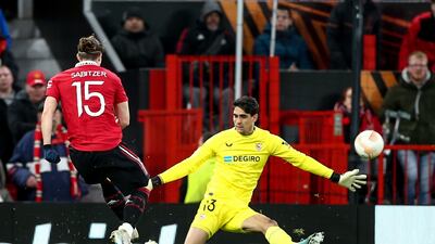 Manchester United's Marcel Sabitzer his and United's second goal against Sevilla. AP