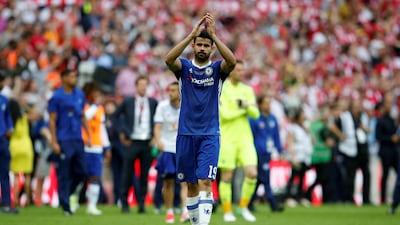 Chelsea's Diego Costa applauds the fans at the end of the 2-1 FA Cup final defeat to Arsenal at Wembley, the last time he played for the club. Andrew Yates / Reuters