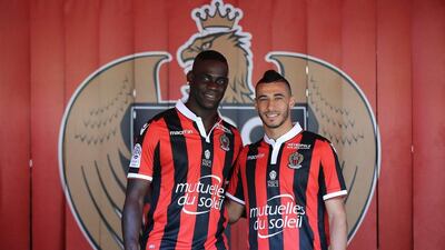 Mario Balotelli, left, alongside fellow new Nice player Younes Belhanda. Valery Hache / AFP