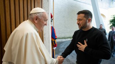 Pope Francis met Ukrainian President Volodymyr Zelenskyy during a private audience at The Vatican on Saturday. AP
