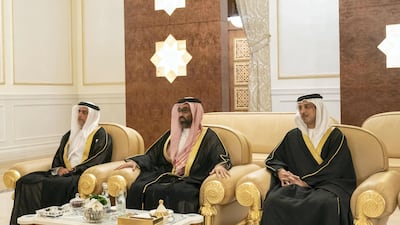 Sheikh Mansour bin Zayed, UAE Deputy Prime Minister and Minister of Presidential Affairs, Sheikh Tahnoon bin Zayed Al Nahyan, UAE National Security Adviser and Sheikh Saif bin Zayed, Deputy Prime Minister and Minister of Interior, receive Abdel Fattah El Sisi, President of Egypt (not shown), at the Presidential Airport. Hamad Al Kaabi / Ministry of Presidential Affairs