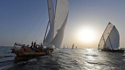 Sailors participate in the annual long-distance dhow sailing race, known as Al Gaffal, near Sir Abu Nair island towards Dubai. AFP