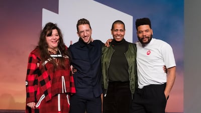 Tai Shani, Lawrence Abu Hamdan, Helen Cammock, and Oscar Murillo pose for a photograph after being announced as the joint winners of Turner Prize 2019. EPA